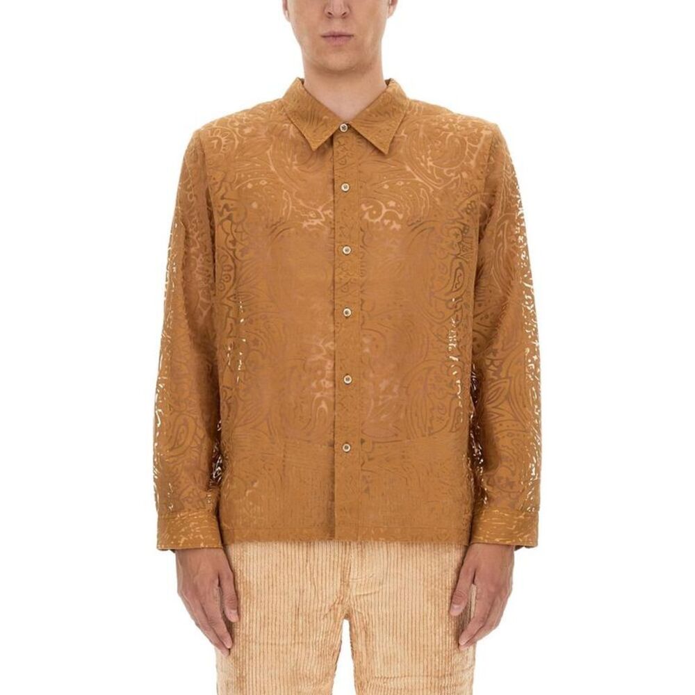 SEFR Men's Sheer Patterned Long Sleeve Button-Up Shirt Men BROWN Shirts